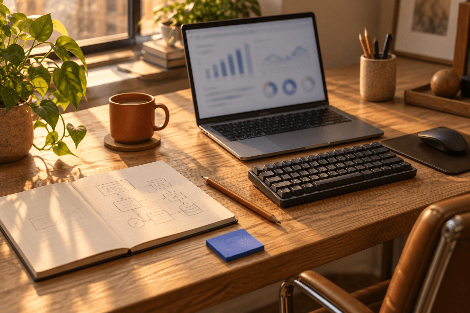 A developer workbench with a laptop, a notebook of diagrams and a terracotta pencil.