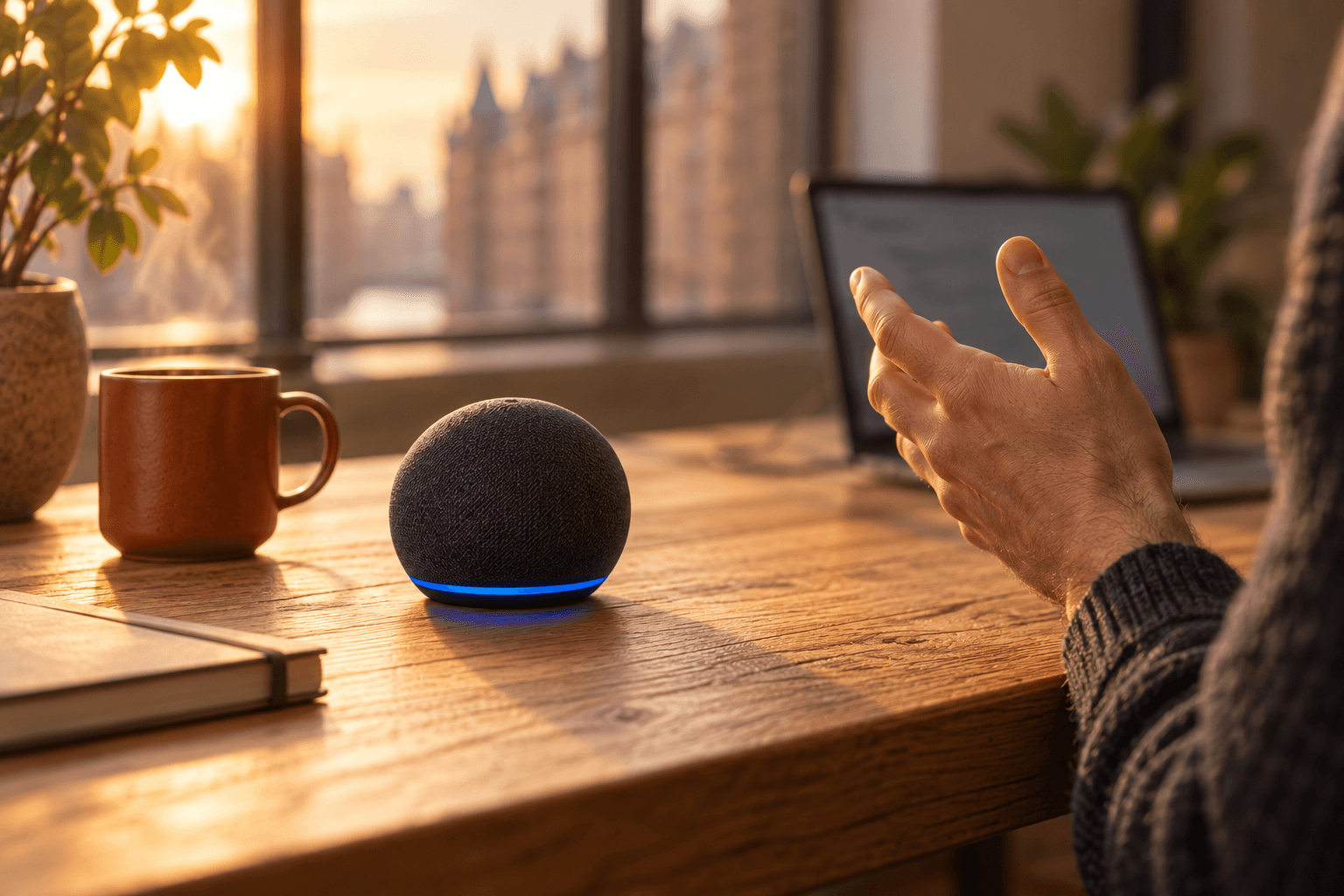 A small fabric speaker with a blue light ring on an oak desk.