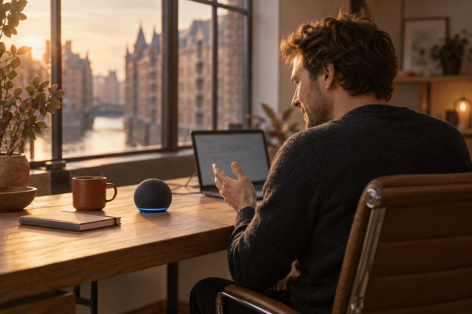 A person at an oak desk in a warm Hamburg office, talking to a small desktop speaker.