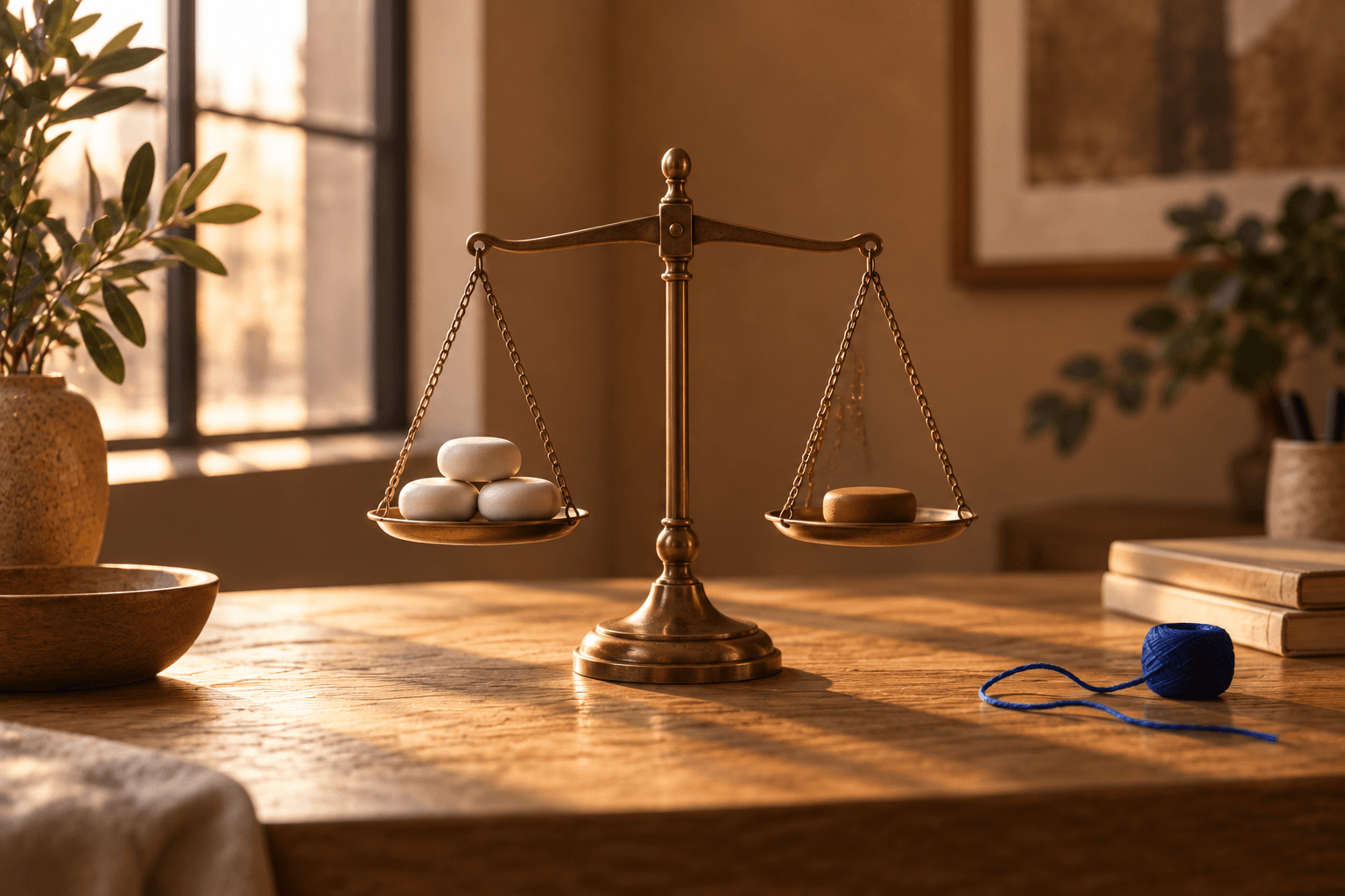 A small brass balance scale holding porcelain tokens and one terracotta token.